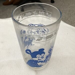 Small child’s drinking glass blue/white design.  Teddy bears and pigs. Pre-O